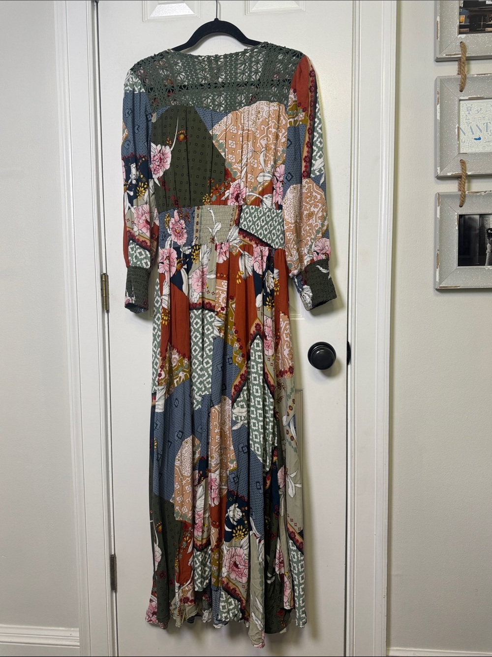 Jaase “Handshaped in the Shed” Patchwork Boho Maxi Dress Crochet Lace Back Large - Picture 5 of 9